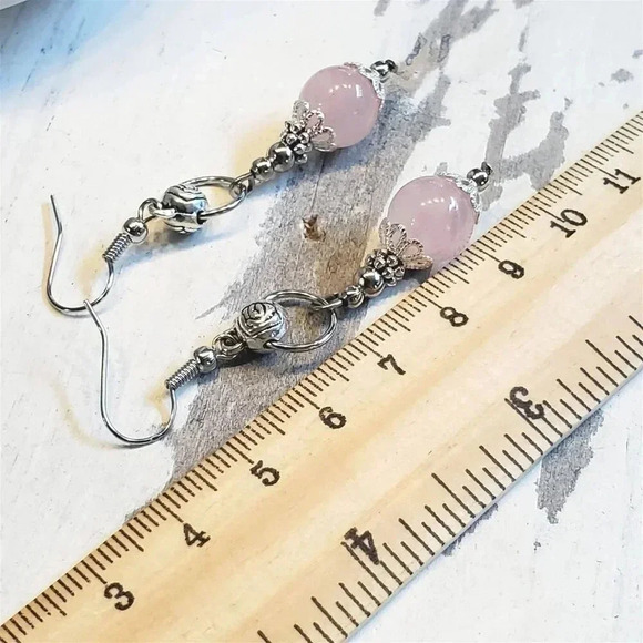 Pink Rose Quartz Lacy Trim Silver Carved Rose Handcrafted Earrings - Picture 10 of 10